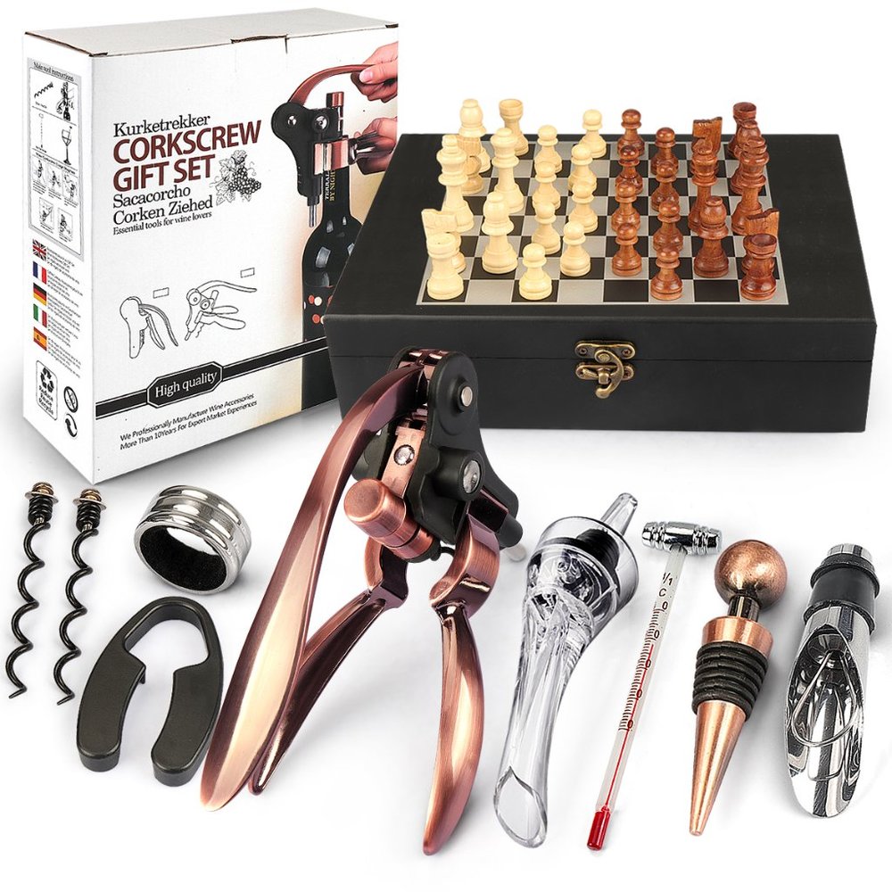 Silver Wooden Box Wine Accessories and Chess Set